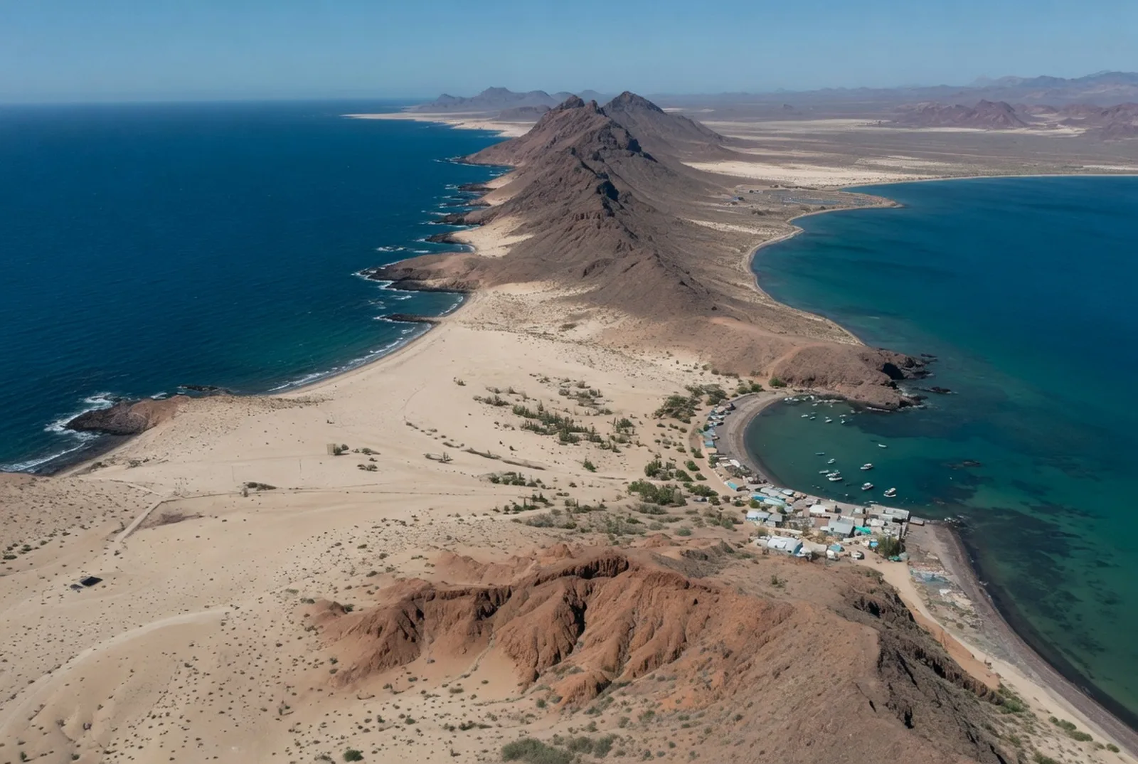Aerial drone shot of a desert peninsula between two seas with a fishing village and boats in a turquoise bay in Mexico