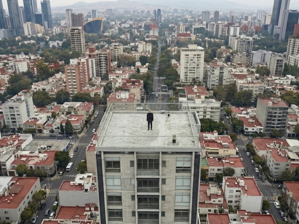 Aerial view of a person on a rooftop among office towers in a large Mexican city