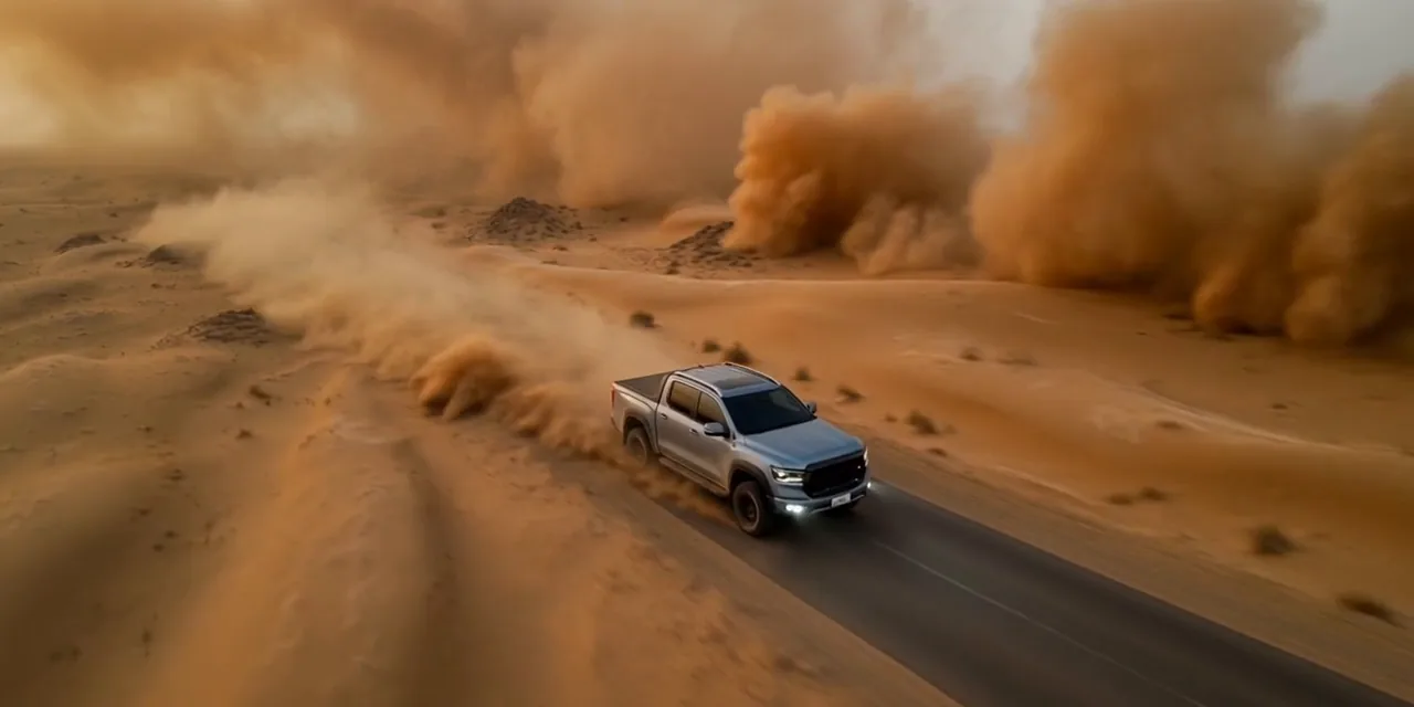 Pickup truck racing through desert dunes in a dust cloud during a shoot in northern Mexico