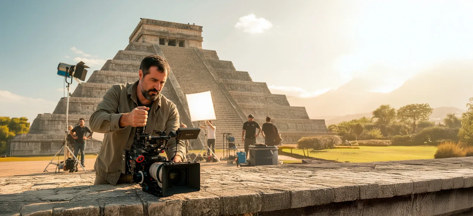 Camarógrafo con cámara de cine frente a una pirámide maya con equipo de filmación en un rodaje en México