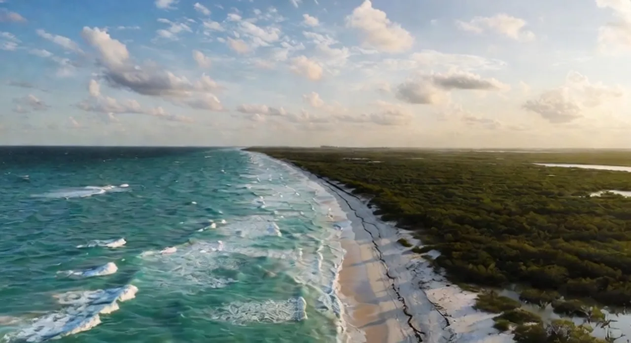 Toma aérea de la costa turquesa de Cancún con playa y vegetación, usada en scouting de locaciones playeras