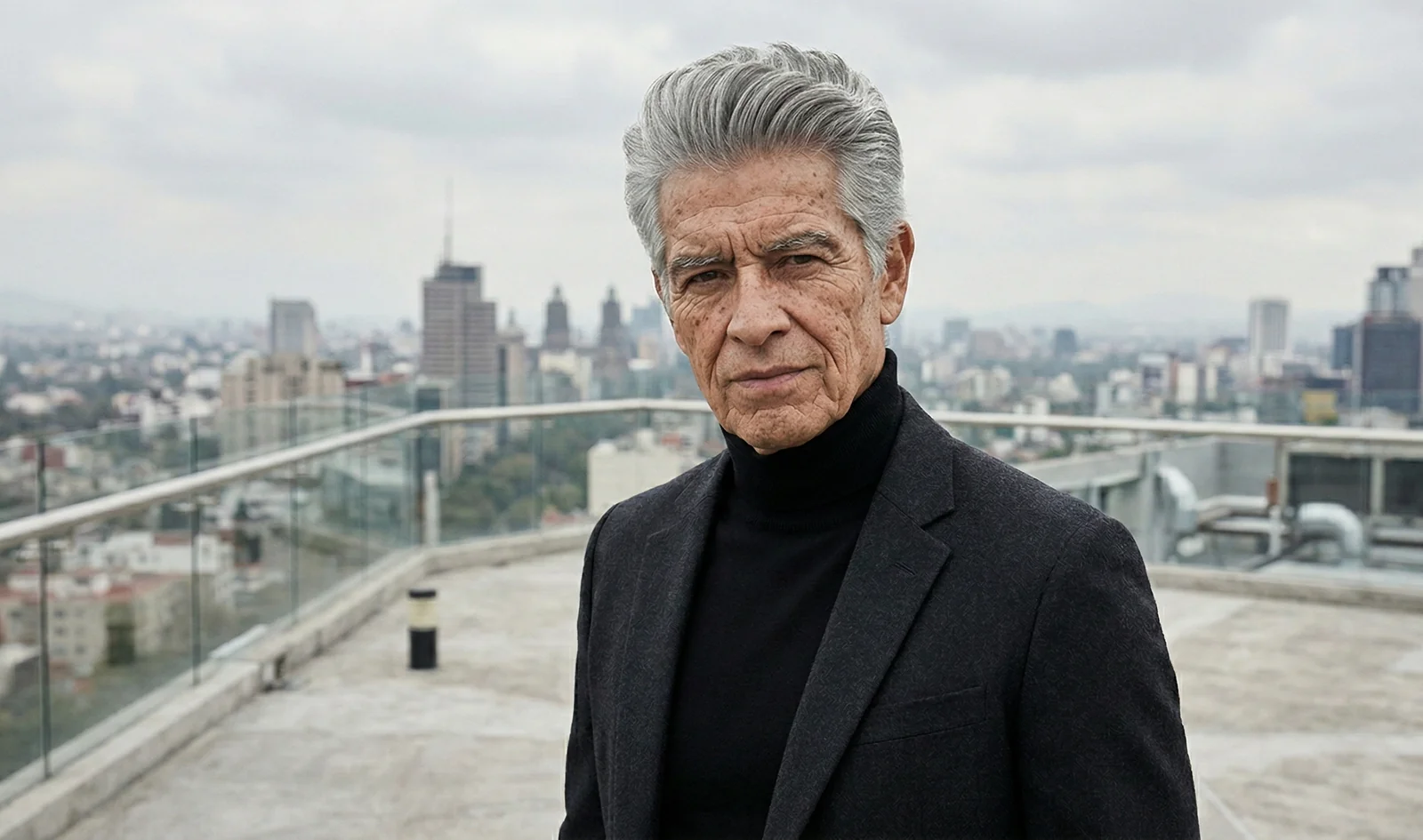 Gray-haired businessman portrait on a rooftop with the Mexico City skyline behind him