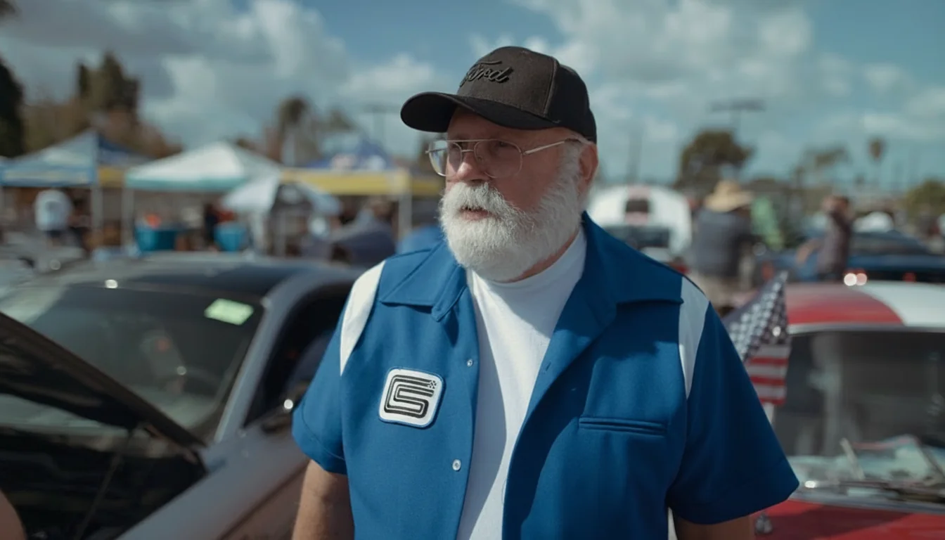 Bearded classic car enthusiast interviewed at an outdoor car show in El Paso, Texas