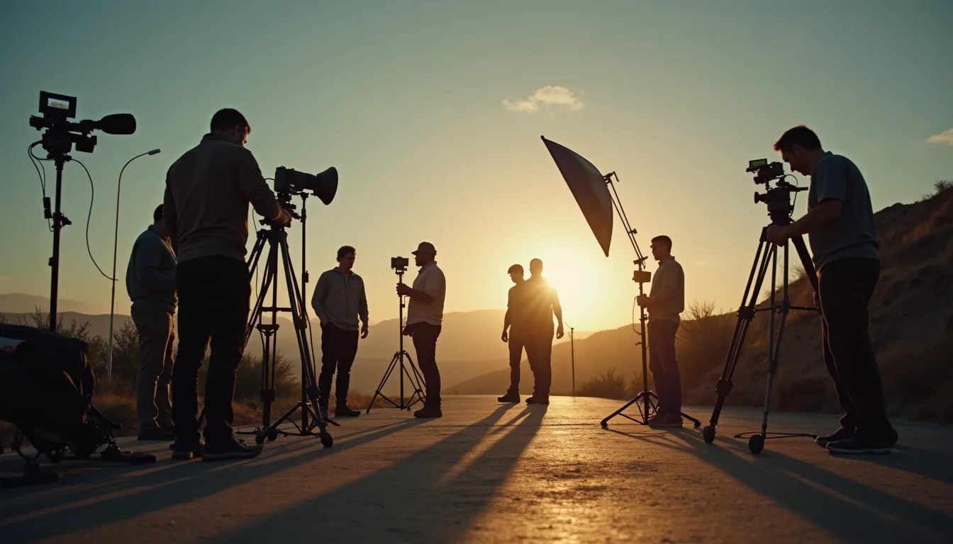 Film crew with cameras and lights shooting at sunset near Ciudad Juárez, Mexico