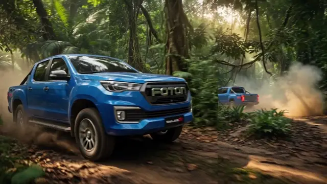Blue Foton pickup truck driving off-road through a jungle trail in Chiapas, Mexico