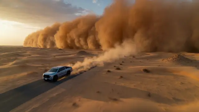 Foton pickup kicking up a dust trail across desert dunes at sunset in a commercial shoot