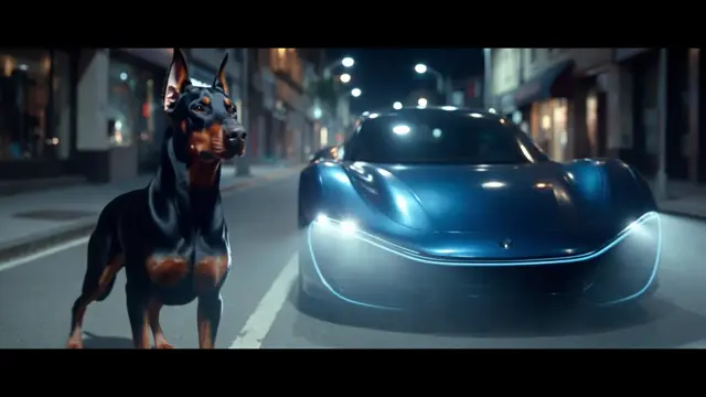 Doberman beside a blue McLaren sports car on a city street at night in a commercial