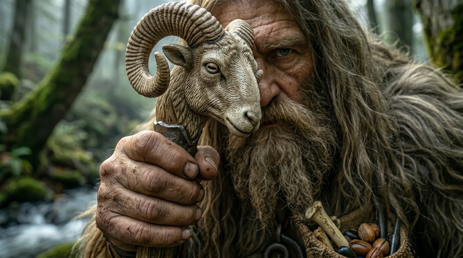 AI-generated image of an old bearded man holding a carved ram-head staff in a misty forest