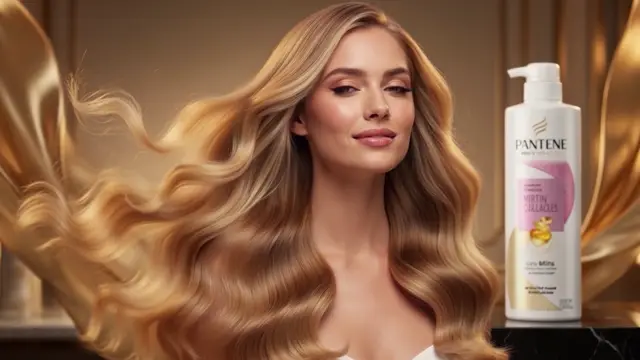 Woman with long wavy blonde hair next to a Pantene bottle in a hair care commercial
