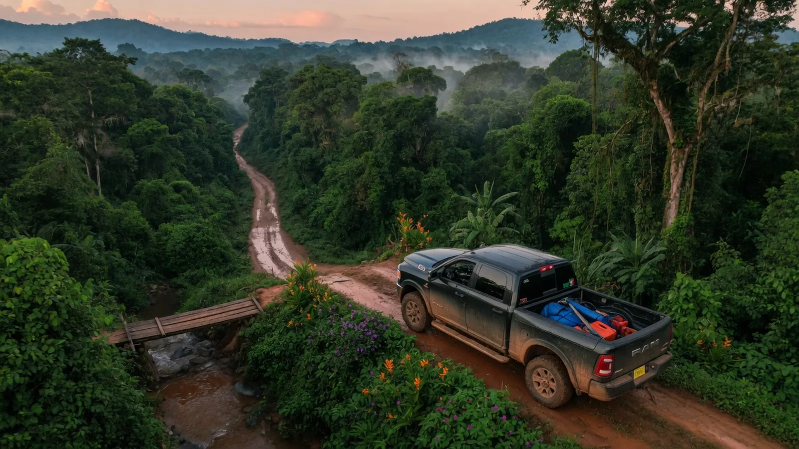 Muddy black pickup truck on a red dirt road through a misty jungle at sunset for a TV commercial shoot in Mexico