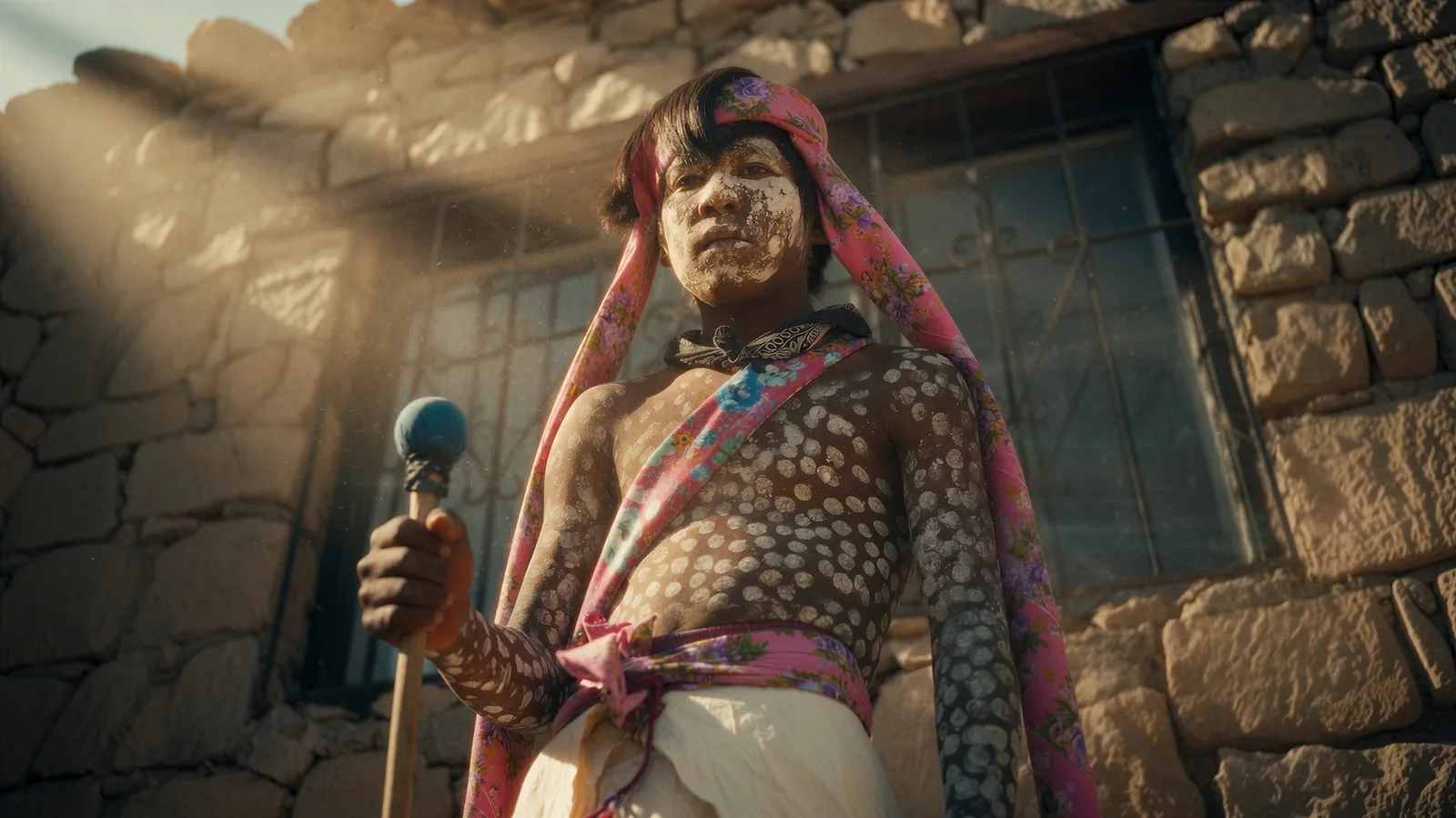 Rarámuri dancer with white body paint and a pink floral headscarf holding a staff in front of a stone house in Mexico