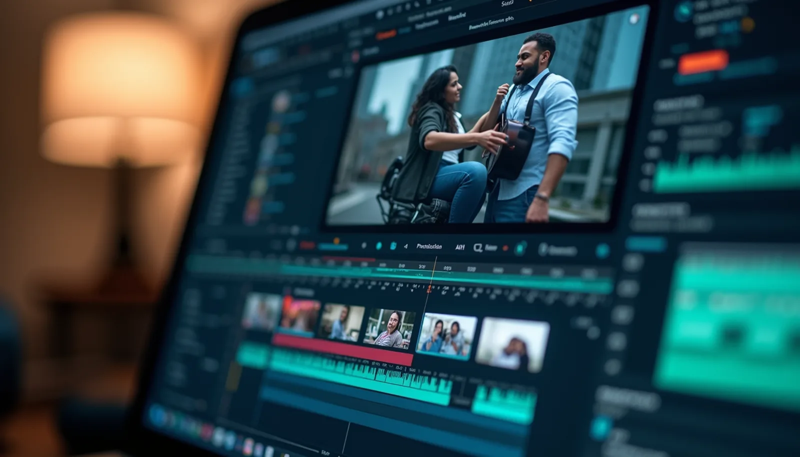 Video editing timeline on a monitor showing a scene of a woman and a man with a guitar during post-production in Mexico